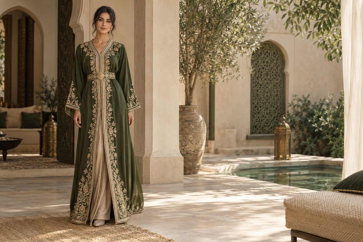 Femme portant un caftan marocain vert